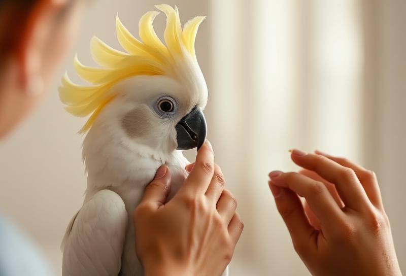 Umbrella Cockatoo parrot care - beautiful white cockatoo with raised crest, cuddly affectionate bird