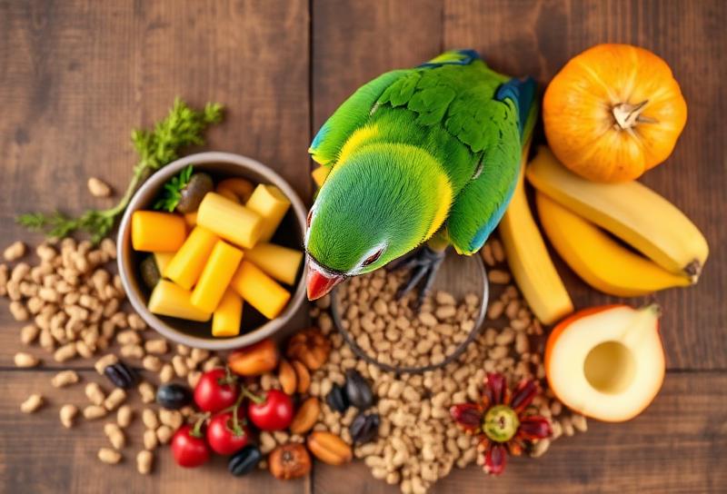 Scarlet Macaw eating healthy diet - vibrant red macaw parrot enjoying fresh fruits and vegetables